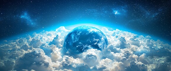 Wall Mural - Celestial Sanctuary: A surreal and awe-inspiring vision of a glowing blue planet suspended above a sea of clouds under a starlit, cosmic sky.