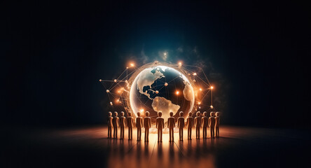 Aufkleber - Circle of people surrounds a glowing earth globe. A network of light connects points, symbolizing global communication and modern connection.