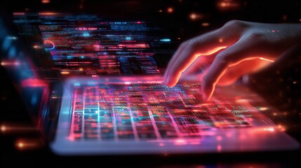 A hand gracefully dances across a glowing keyboard, weaving a vibrant tapestry of digital code in a breathtaking nighttime spectacle of light and data.