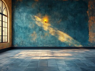 Canvas Print - Sunlit teal wall interior room design warm light. AI Generated