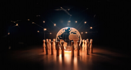 Aufkleber - A glowing globe is encircled by wooden figures in a dark setting, connected by light beams, symbolizing global unity and digital networking.