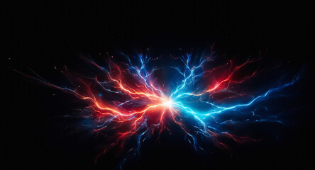 Aufkleber - Vibrant red and blue lightning bolts dramatically collide against a stark black backdrop, illuminating the scene with electric energy and powerful sparks.