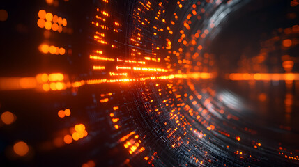 Tunnel of Tech: An abstract representation of a futuristic tunnel or digital pathway, composed of glowing orange data streams, symbolizing the flow of information and the advancement of technology. 