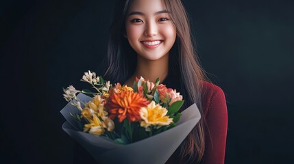 Wall Mural - Woman is holding a bouquet of flowers and smiling. The flowers are a mix of yellow and orange, and they are arranged in a clear plastic container