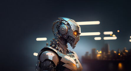 Poster - A futuristic metallic robot with a glowing orange eye stands in a blurred urban cityscape. Cybernetic automaton with a steel body and advanced technology is depicted.