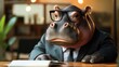 © muhamad - Hippo Businessman With Glasses At Desk. Serious Expression. Animal Character.