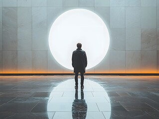 Poster - Shareholder Stands Proudly Before Glowing Company Logo on Sleek White Backdrop Symbolizing Business Success