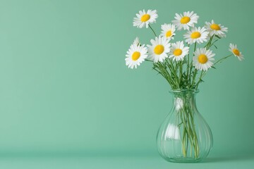 Wall Mural - Fresh white daisies in a clear glass vase against a mint green background, representing spring vibes, positivity, and natural beauty