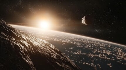 Wall Mural - celestial dawn: a breathtaking view of earth from space at dawn. the image captures the majesty of o