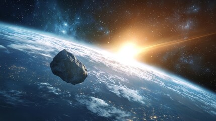 Wall Mural - Approaching Celestial Threat: A breathtaking view of an asteroid hurtling towards Earth, with a stunning sunrise in the backdrop. This image captures the potential danger of space objects. 