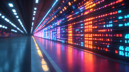 Digital Data Tunnel: A vibrant, immersive perspective of a futuristic tunnel illuminated by streams of data, representing digital connectivity, data flow, and technological advancement.