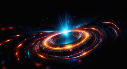 Poster - Vibrant cosmic swirl of light and energy in orange and blue hues against dark space backdrop.