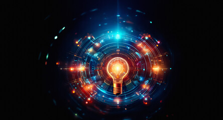 Aufkleber - A central lightbulb emits bright light surrounded by digital circles and glowing dots, suggesting innovation and futuristic technology on a dark background.