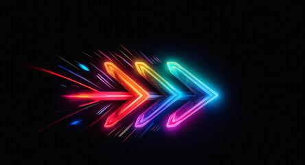 Aufkleber - Vibrant neon arrows glow against a black backdrop, pointing right with a sense of speed and direction.  Illuminated design elements suggest forward motion and modern style.