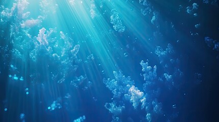 Ocean water background with blue sun rays and underwater illumination