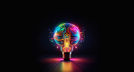Poster - A vibrant neon brain-shaped lightbulb illuminates against a dark background.  Circuit patterns suggest ideas and innovation, symbolizing bright intelligence.