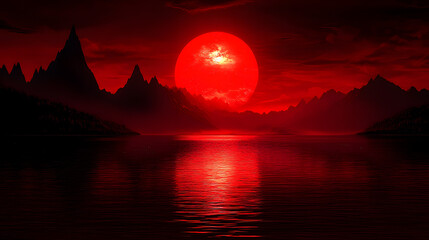 Wall Mural - Crimson Sunrise over Mountains: A dramatic and awe-inspiring vista unfolds as a massive, blood-red sun hovers over a serene lake.