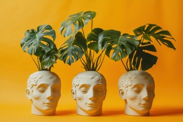 Wall Mural - Stylish decorative planters with tropical Monstera plants in unique head shaped pots against a vibrant yellow background, perfect for modern interior design