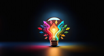 Aufkleber - A luminous light bulb stands out against a dark backdrop.  Brightly colored arrows converge towards the bulb, symbolizing ideas and innovation. A colorful reflection enhances the scene.