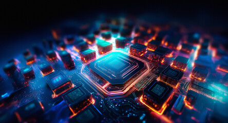Poster - Vibrant close-up of an abstract circuit board with a central glowing chip. Bokeh lights create depth, highlighting the intricate details of electronic components.