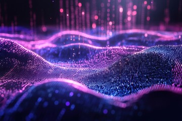 Wall Mural - swirling waves of vibrant colors create a mesmerizing digital landscape illuminated by cascading lig