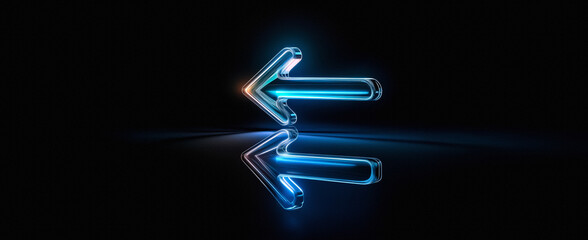 Aufkleber - Two glossy blue arrows point left with a reflection effect against a dark backdrop.  The arrows seem to be made of glass and are illuminated with a neon-like glow.