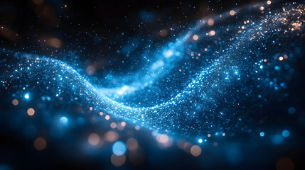 Wall Mural - Cosmic Swirl: An ethereal, swirling composition of glowing blue and gold particles dances across a dark, infinite backdrop, capturing the essence of the cosmos.
