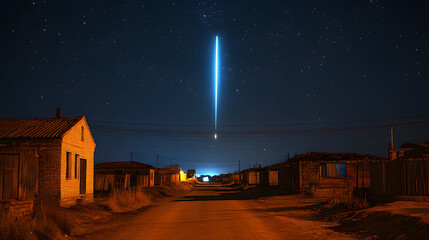 Wall Mural - Mysterious Light Pillar: A captivating shot of a light pillar phenomenon illuminating the night sky over a desolate road, casting an otherworldly glow on the rustic homes.