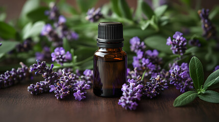 Wall Mural - Aromatic Lavender Serenity: A dark amber bottle of essential oil, nestled among vibrant lavender blossoms and lush greenery, captures the essence of relaxation and natural wellness.