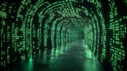 Digital Pathway: An eye-level, expansive tunnel constructed from glowing green digital code, creating a mesmerizing and futuristic pathway.