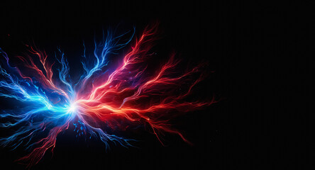 Fototapete - Vibrant energy streams from a central point, branching out in electric blue and fiery red against a stark dark backdrop. Abstract and dynamic, it evokes power and intensity.