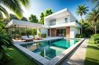 © Wanlop - Minimalist White Villa, Tranquil Pool, Lush Tropical Garden - Stock Photo