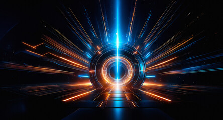 Poster - Futuristic abstract portal emitting vibrant blue and orange light. Circular gateway with radiating beams and a tunnel effect creating depth.