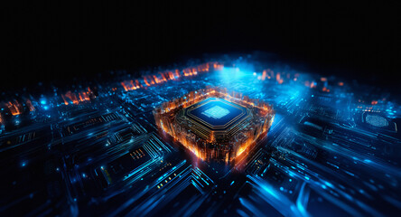 Poster - Vibrant square illuminates a dark digital space. Circuit lines glow, suggesting advanced technology, data flow and intricate electronic systems.