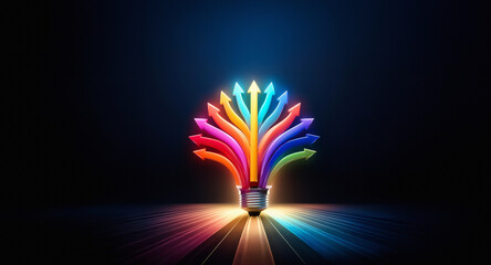 Aufkleber - Colorful arrows sprout from a lightbulb base, directed upwards against a deep black background, representing ideas and pathways to innovation.