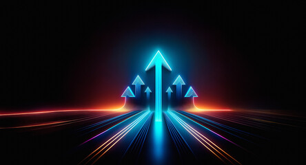 Aufkleber - Illuminated blue arrows pointing upwards on a dark backdrop, symbolizing growth and forward direction with vibrant streaks of light emanating from them.