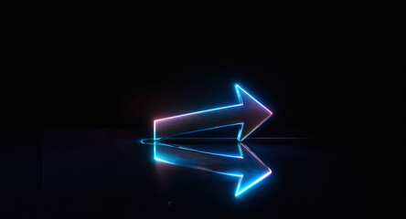 Aufkleber - Vibrant neon arrow glows in the dark, pointing right and reflecting brightly on a sleek black surface.  Illuminated direction with electric blue and pink hues.