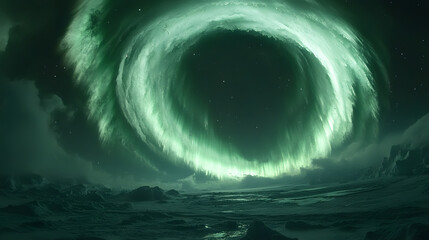 Wall Mural - Celestial Halo: A mesmerizing visual spectacle showcasing the ethereal beauty of the aurora borealis, forming a vibrant ring of emerald light across the night sky.