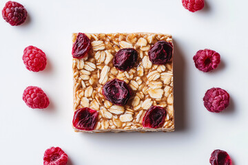 Wall Mural - Cranberry Raspberry Delight: Close-up of a square granola bar studded with dried cranberries, surrounded by fresh raspberries, showcasing the textures of a healthy snack. 