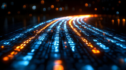 Data Highway: A dynamic stream of binary code illuminates a digital highway, symbolizing the rapid flow of information, connectivity, and the digital revolution.