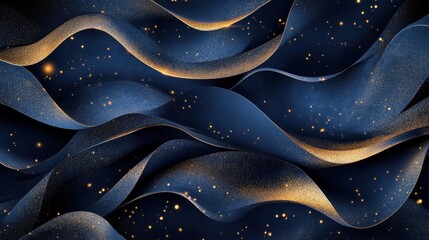 Wall Mural - Dark blue sparkling bokeh frame with golden accents, light art creating an elegant wedding invitation design.