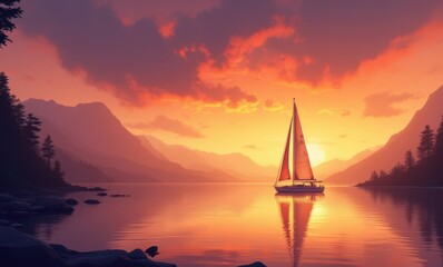 Wall Mural - Sailboat at sunset on tranquil lake