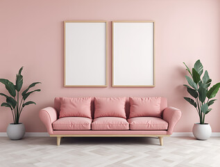 Pink sofa and chair near wall with two art poster mock up frames. Postmodern memphis style interior design of modern living room