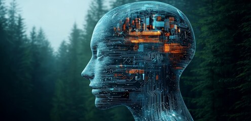 Collage featuring a human head with an overlaid digital brain on a blue background, representing AI