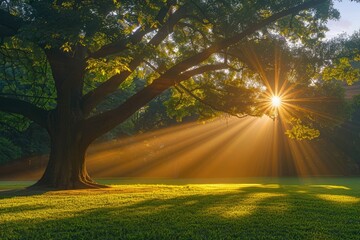 Wall Mural - sun rays burst through the leaves of a majestic oak tree, illuminating a tranquil green meadow.
