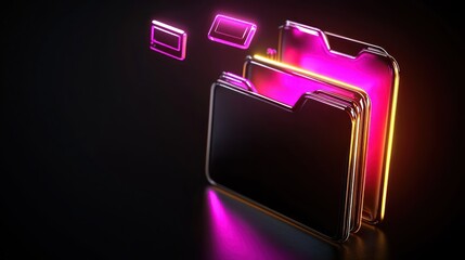 Wall Mural - neon file folders, data transfer, dark background, futuristic concept