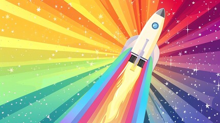 Canvas Print - a cartoon rocket ship blasts off with a fiery trail into a colorful sky.