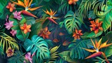 An illustration of a lush tropical forest with colorful flowers and fish.