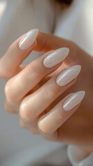 Elegant hands with freshly painted glossy nails in a modern nail salon