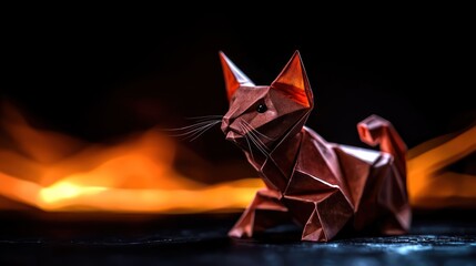 Wall Mural - origami cat sculpture in dynamic pose against a fiery background, showcasing intricate folds and lig